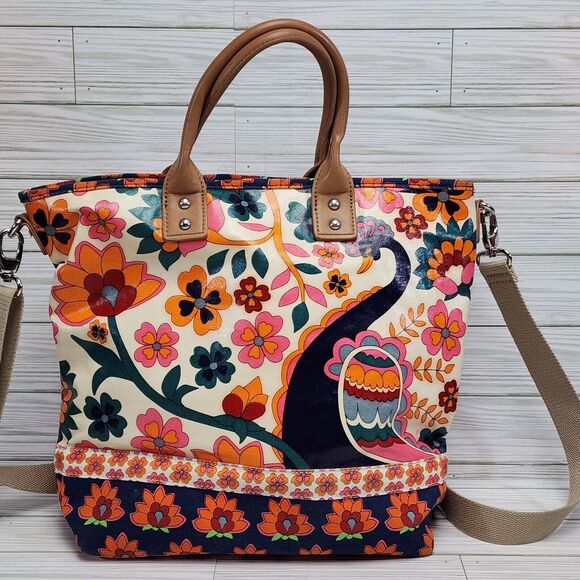 Coated Canvas Bright Colors Tote Bag Crossbody Great Size Flower Inside Pockets - Picture 5 of 16